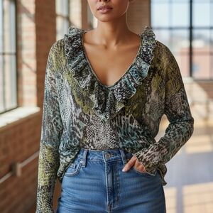 Alberto Makali Green and Blue Ruffle V-Neck Blouse